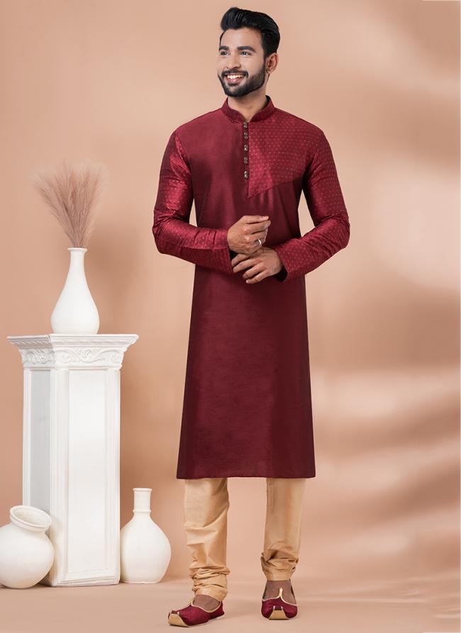 Ps Viscose Jacquard Maroon Traditional Wear Weaving Kurta Pajama